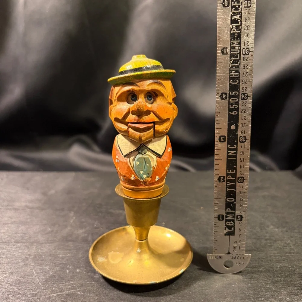 Vintage Hand Carved Wooden Mechanical Bottle Stopper Moving Jaw Man in Hat